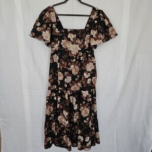 Abercrombie & Fitch Floral Midi Dress Womens Large Black Brown Smocked Tiered